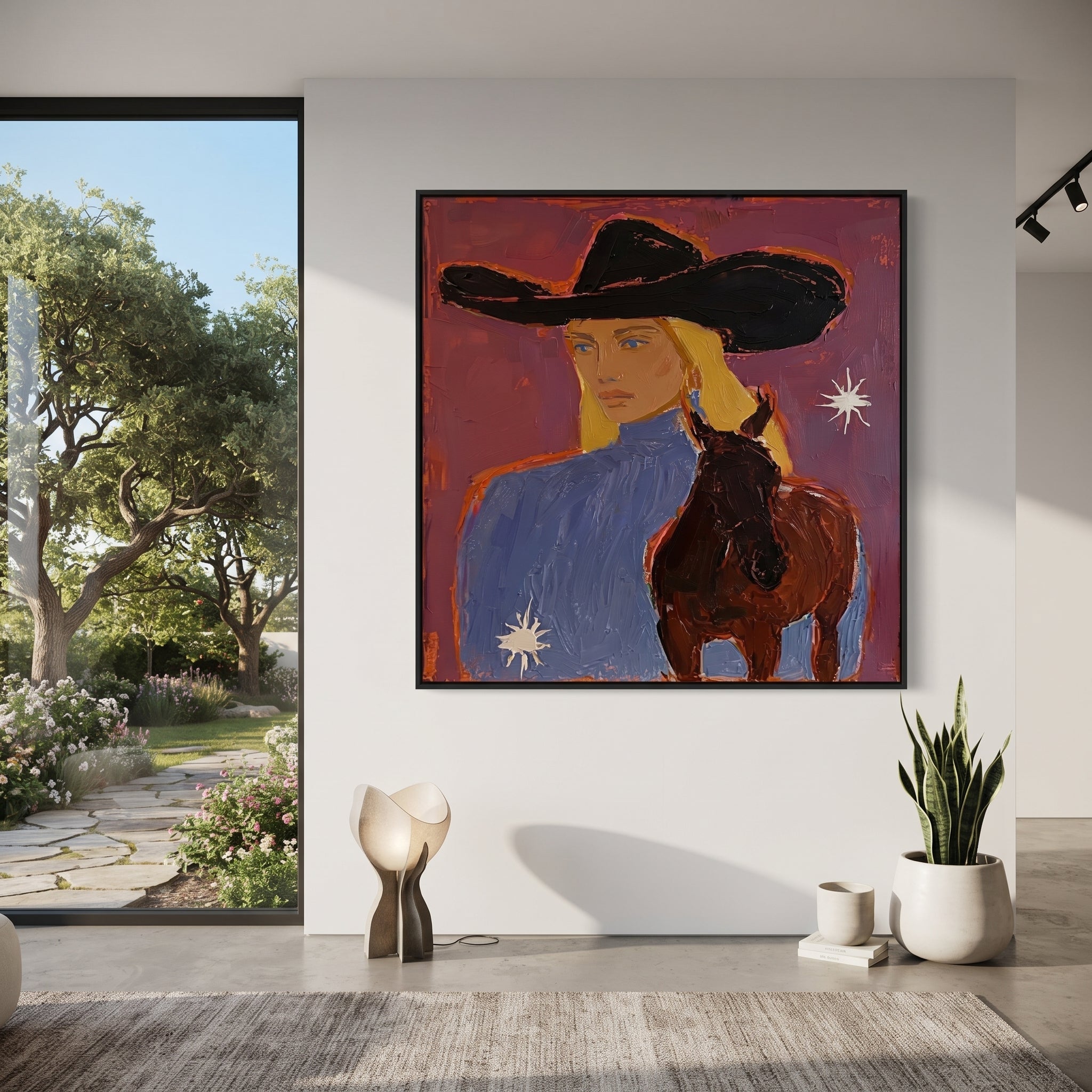 Blonde Rider Meets Shadow displayed in a layered residential setting