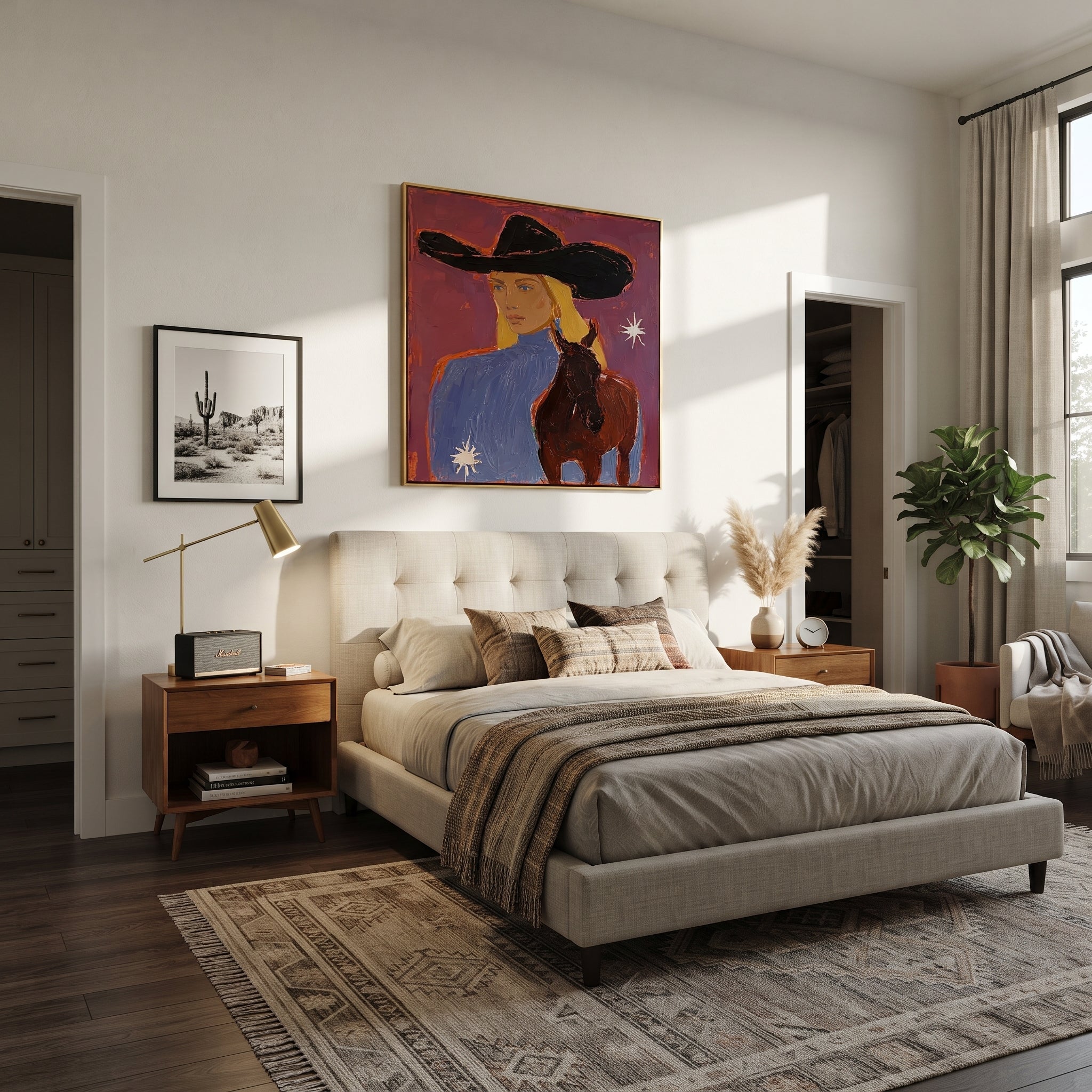 Blonde Rider Meets Shadow styled with wood, linen, and modern decor