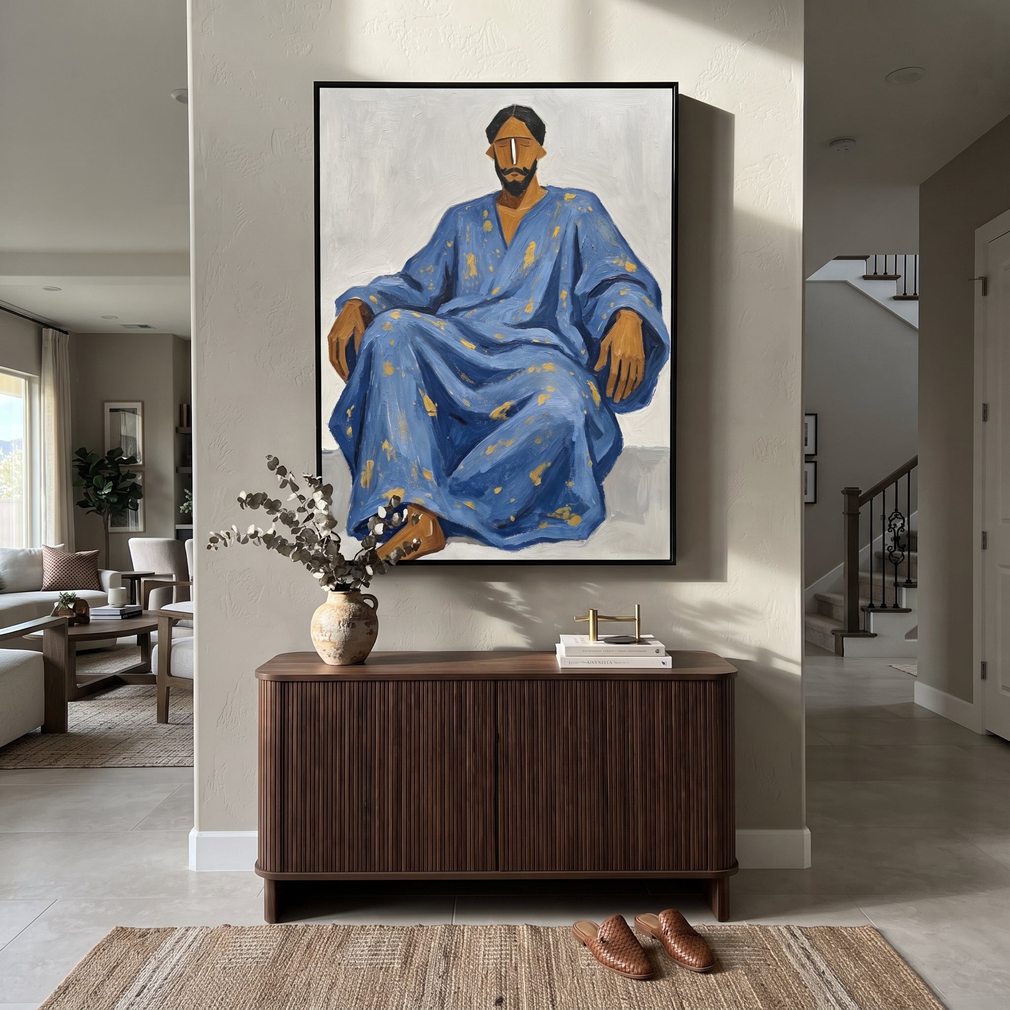 Blue Robe Holds Calm displayed in a collected contemporary interior