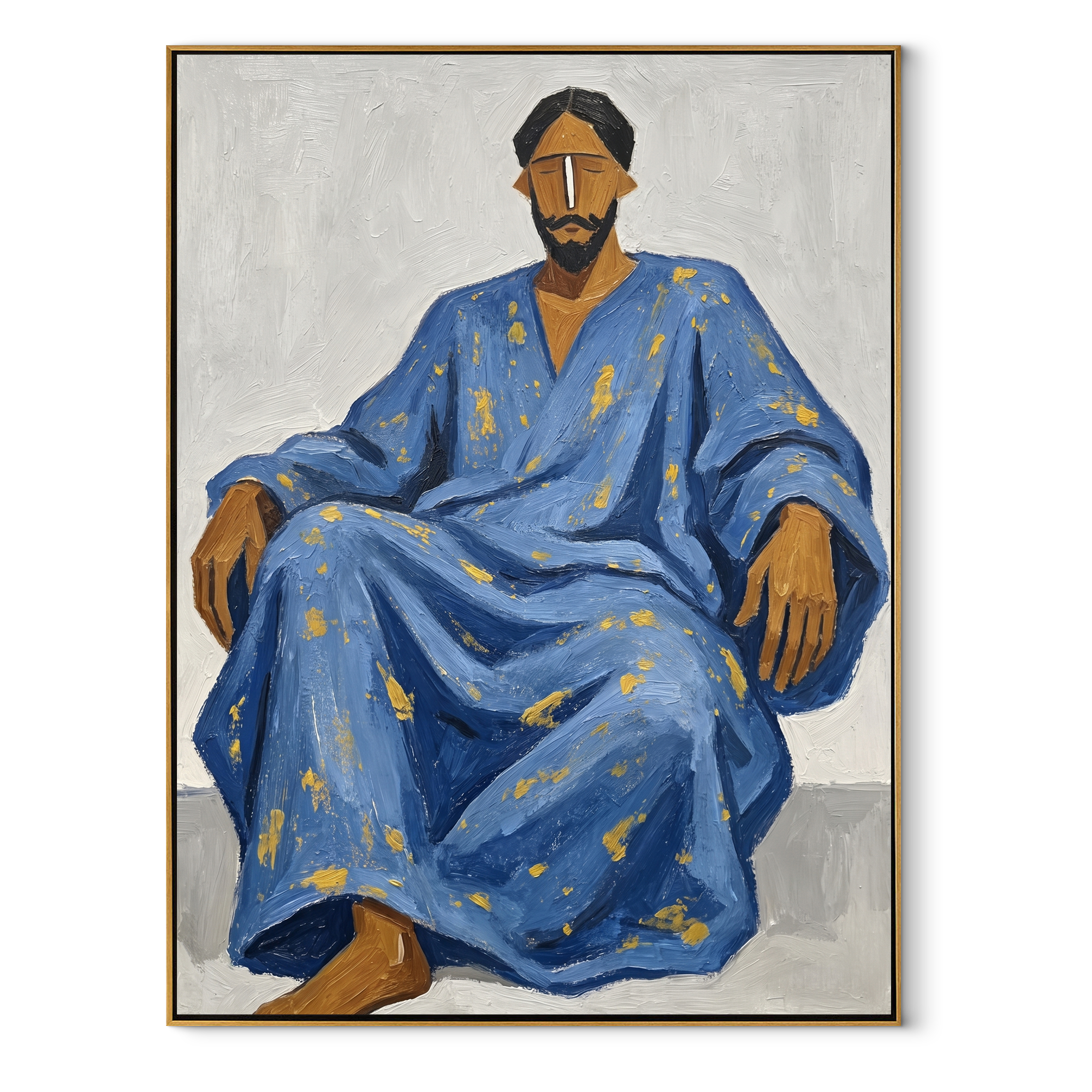 Blue Robe Holds Calm Western figurative painting, vertical canvas artwork