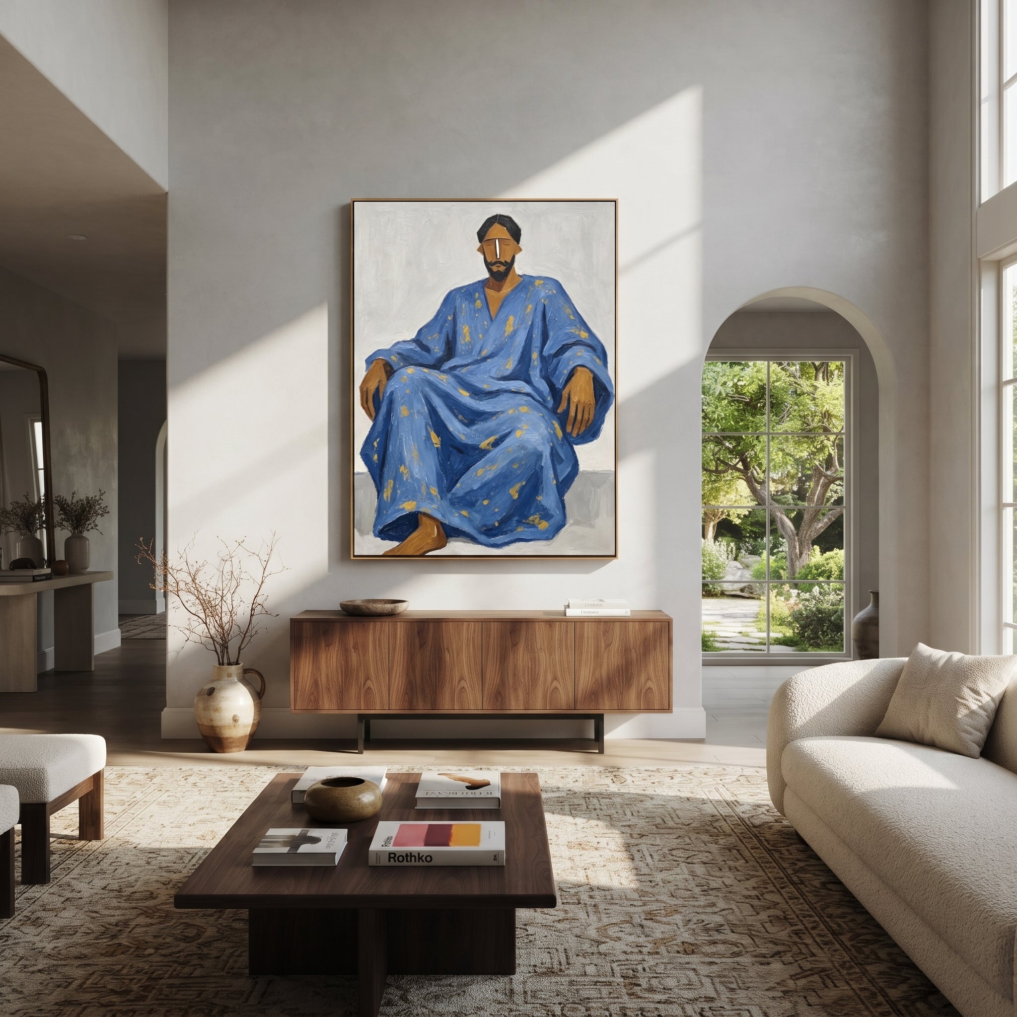 Blue Robe Holds Calm styled with warm modern furnishings