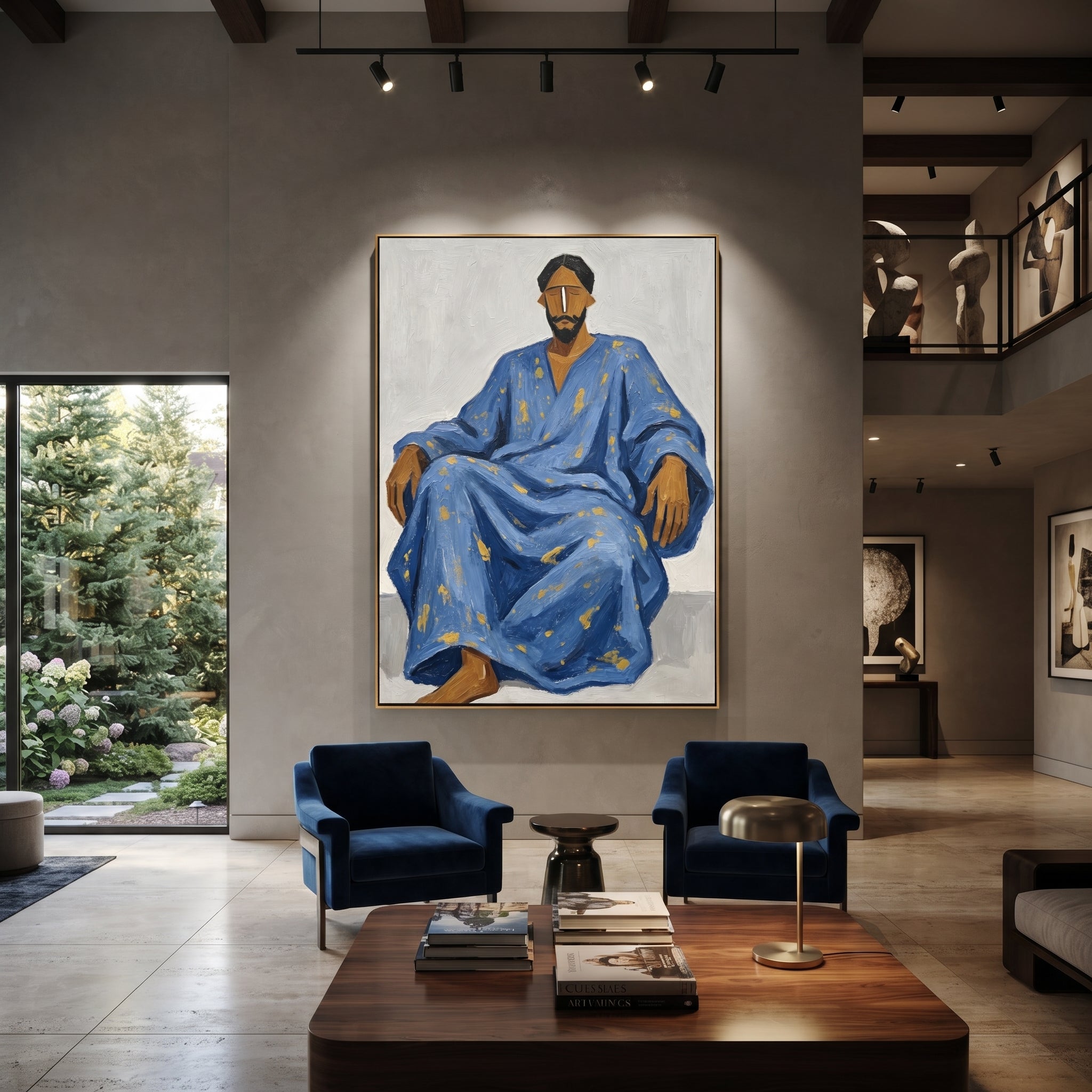 Blue Robe Holds Calm styled with wood, linen, and modern decor