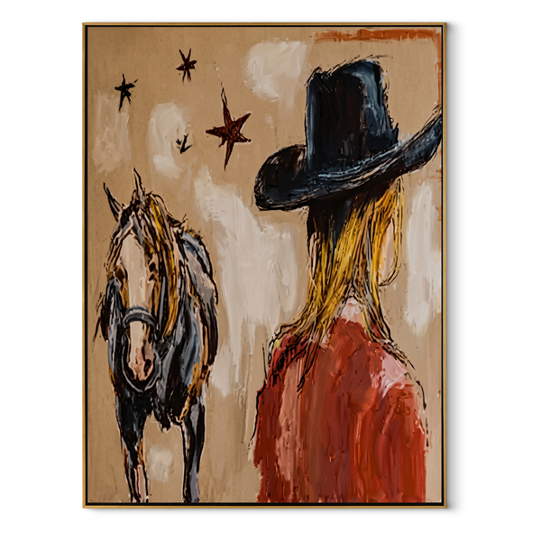 Black Brim Shelters Trust – Cowgirl Horse Closeup Painting | Contemporary Western Vertical Wall Art