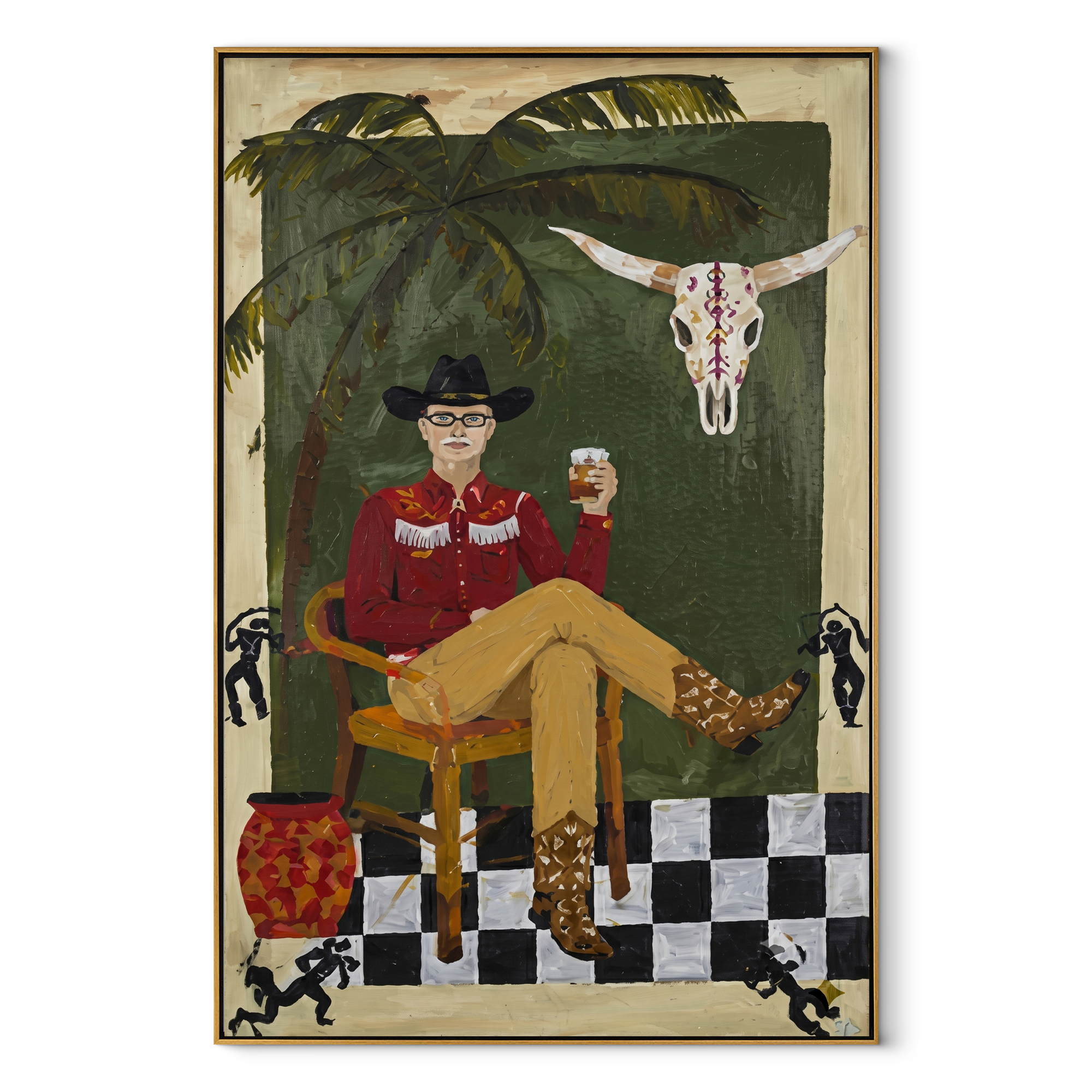 Palm Shade Frames Music Western figurative painting, vertical canvas artwork