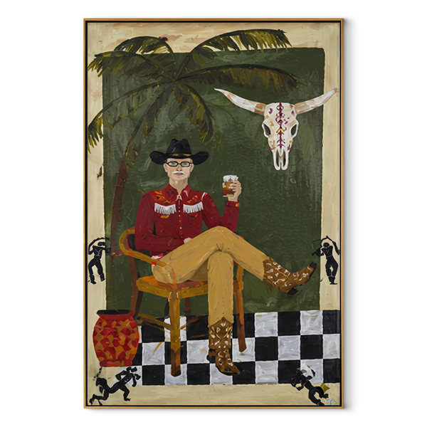 Palm Shade Frames Music – Cowboy Interior Portrait Painting | Contemporary Western Vertical Wall Art