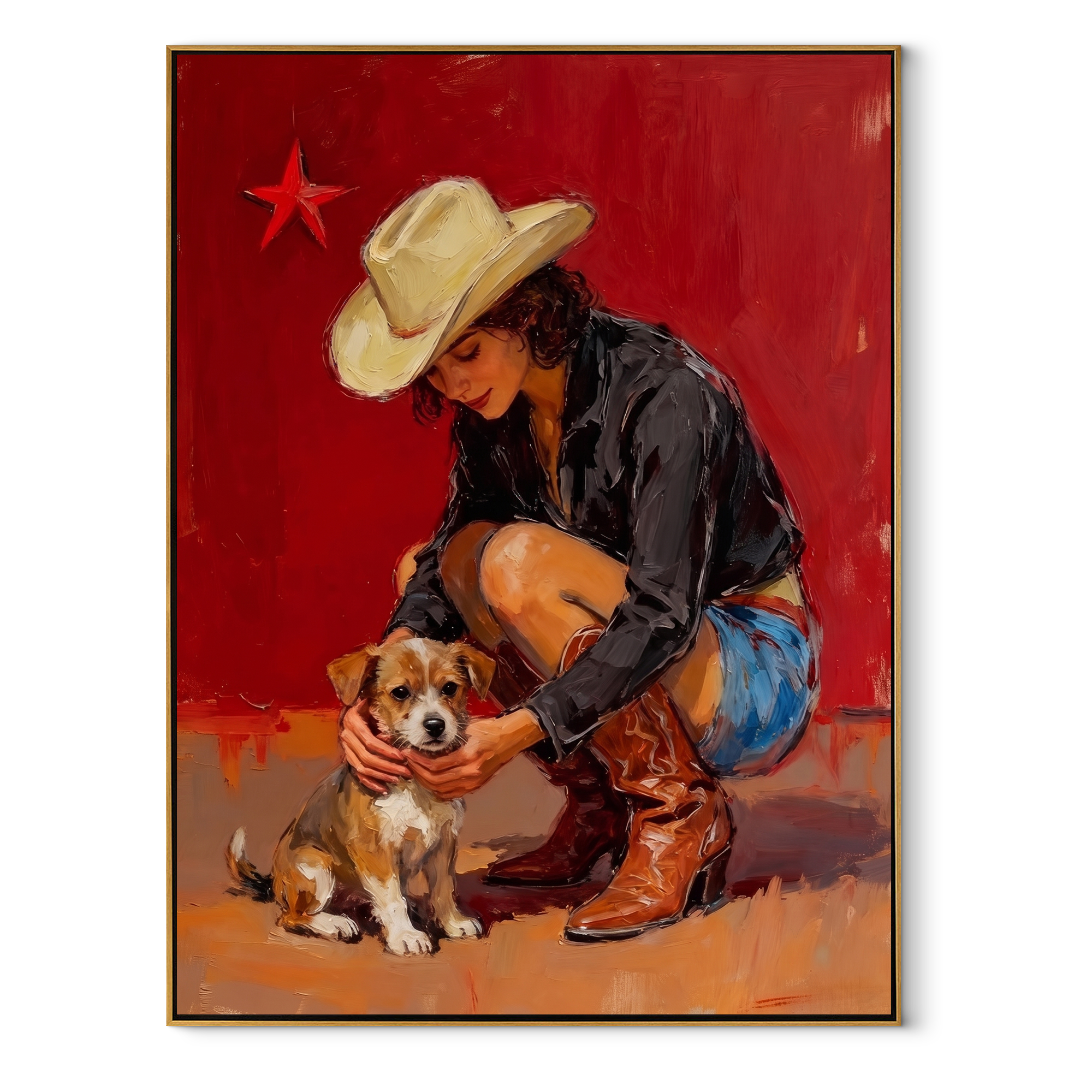 Small Dog Finds Shelter Western figurative painting, vertical canvas artwork
