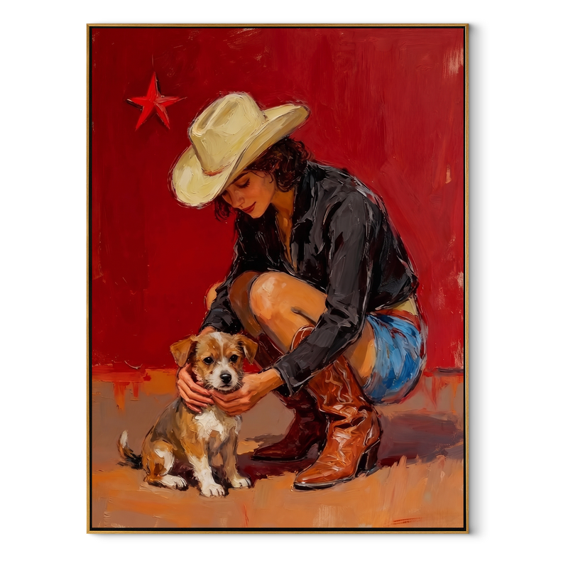 Small Dog Finds Shelter – Cowgirl Hugging Dog Painting | Contemporary Western Vertical Wall Art