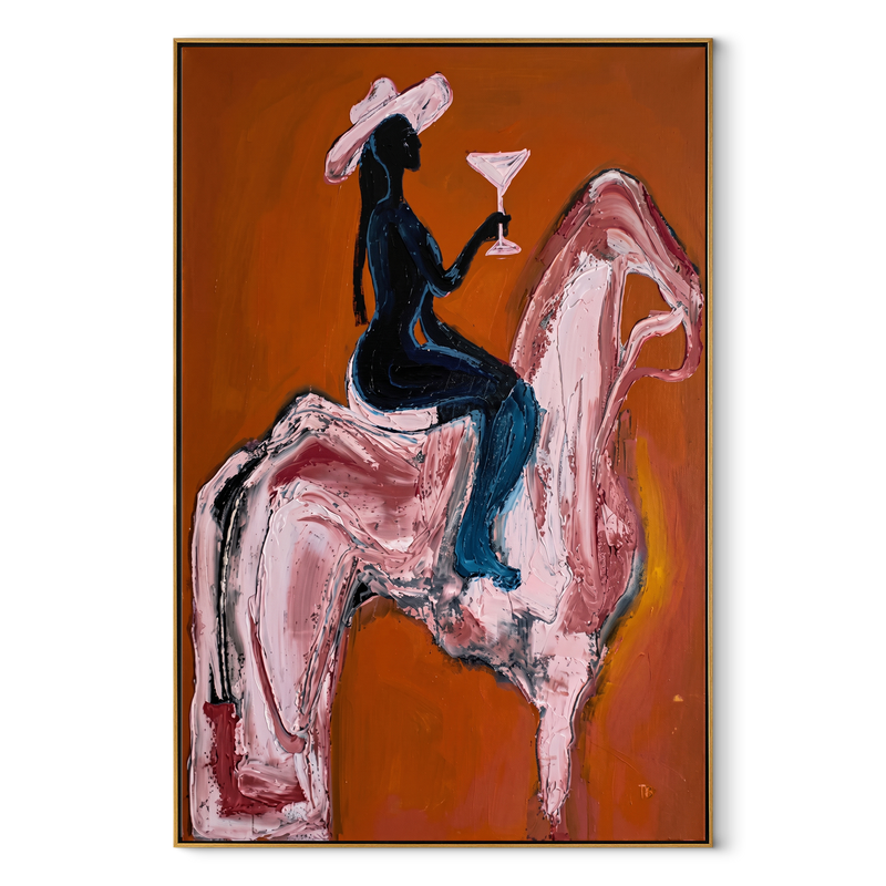 Pink Horse Carries Toast – Cowgirl Cocktail Horse Painting | Contemporary Western Vertical Wall Art