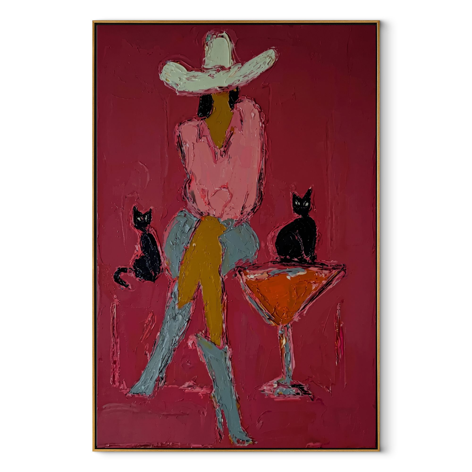 Two Cats Guard Cocktails Western figurative painting, vertical canvas artwork