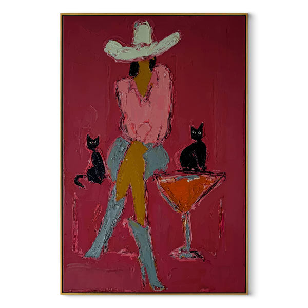 Two Cats Guard Cocktails – Cowgirl Cats Martini Painting | Contemporary Western Vertical Wall Art