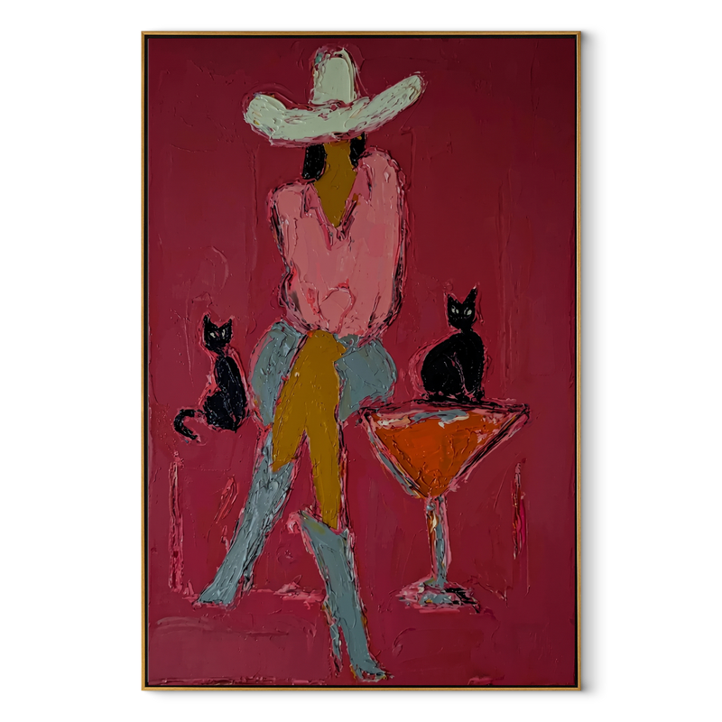 Two Cats Guard Cocktails – Cowgirl Cats Martini Painting | Contemporary Western Vertical Wall Art