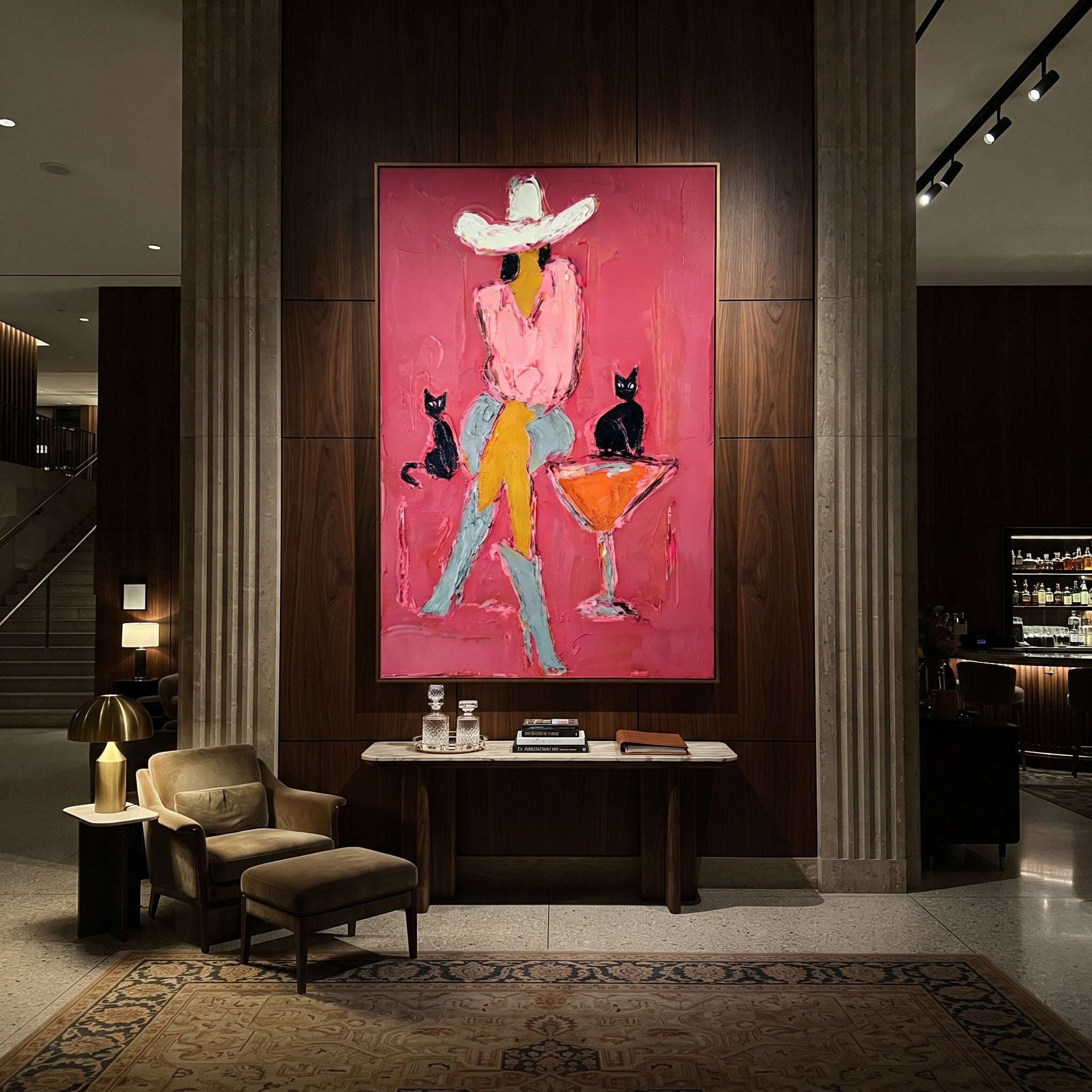 Two Cats Guard Cocktails styled with wood, linen, and modern decor