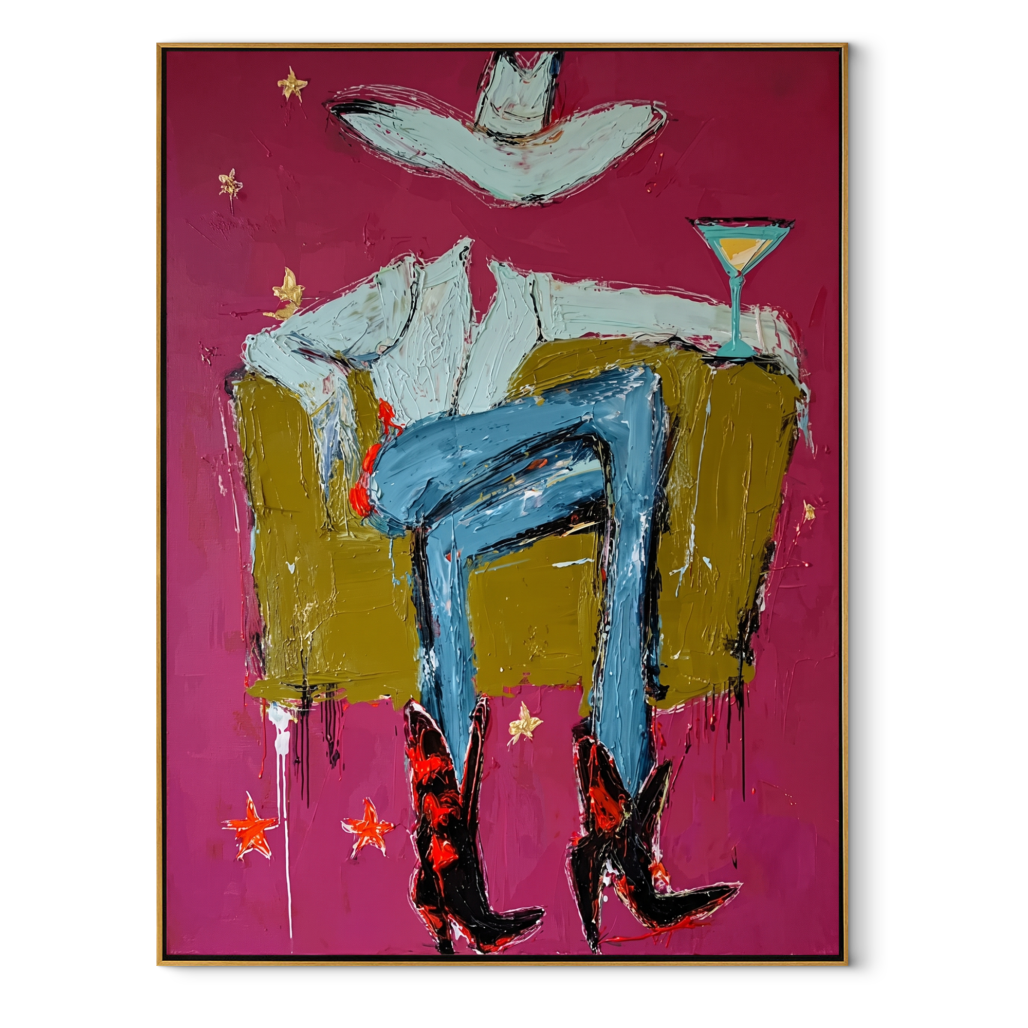 Red Boots Keep Watch Western figurative painting, vertical canvas artwork