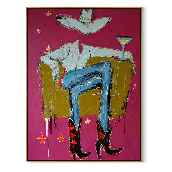 Red Boots Keep Watch – Blue Cowboy Chair Painting | Contemporary Western Vertical Wall Art
