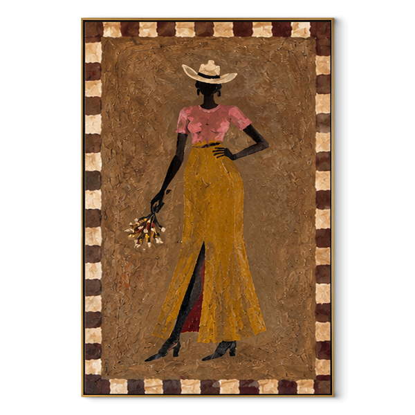 Golden Trousers Carry Flowers – Standing Cowgirl Floral Portrait | Contemporary Western Vertical Wall Art