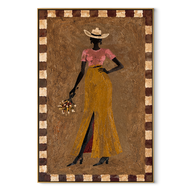 Golden Trousers Carry Flowers – Standing Cowgirl Floral Portrait | Contemporary Western Vertical Wall Art