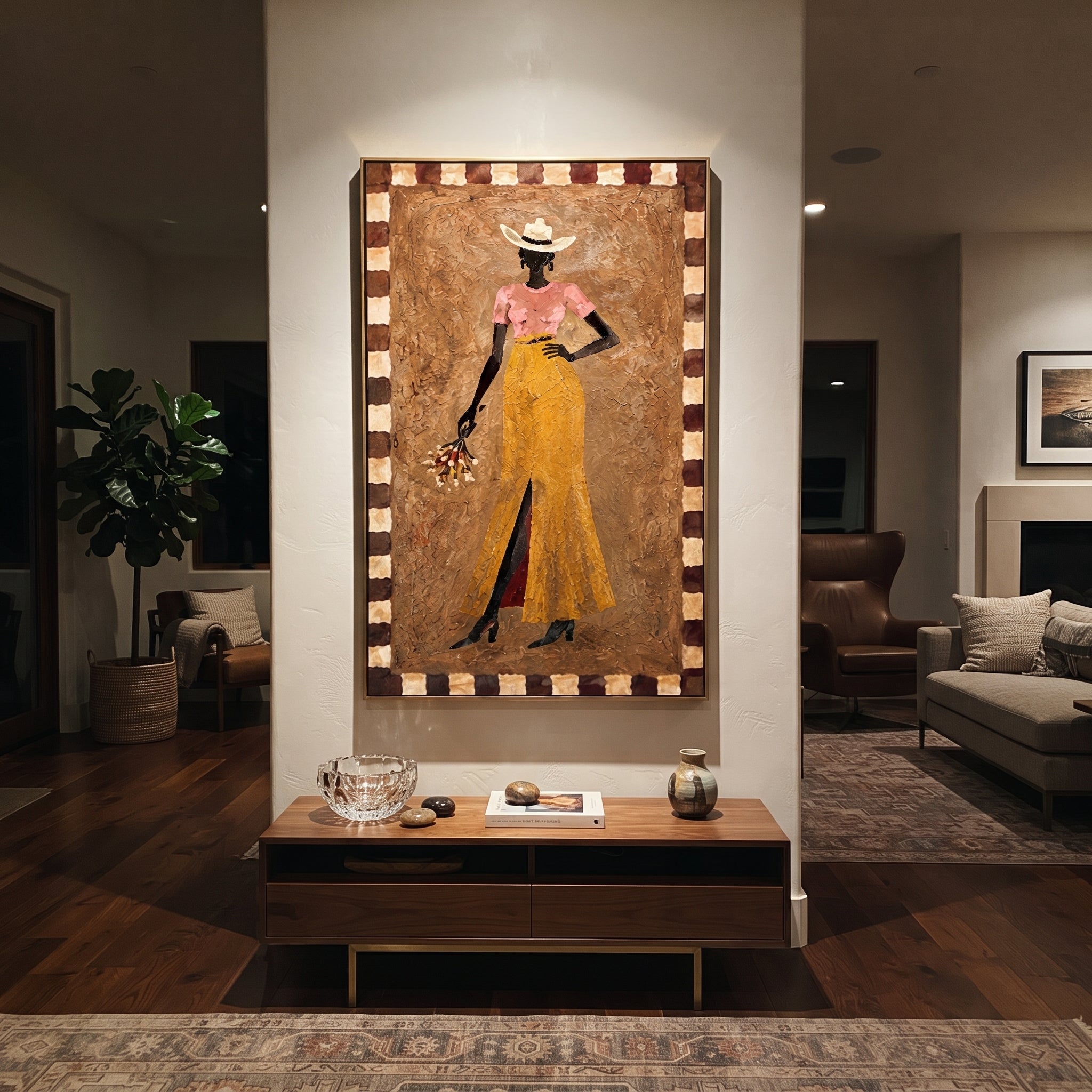 Golden Trousers Carry Flowers styled with wood, linen, and modern decor