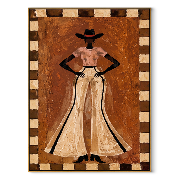 Ivory Trousers Command Stillness – Standing Cowgirl Portrait Painting | Contemporary Western Vertical Wall Art