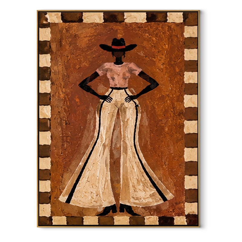 Ivory Trousers Command Stillness – Standing Cowgirl Portrait Painting | Contemporary Western Vertical Wall Art