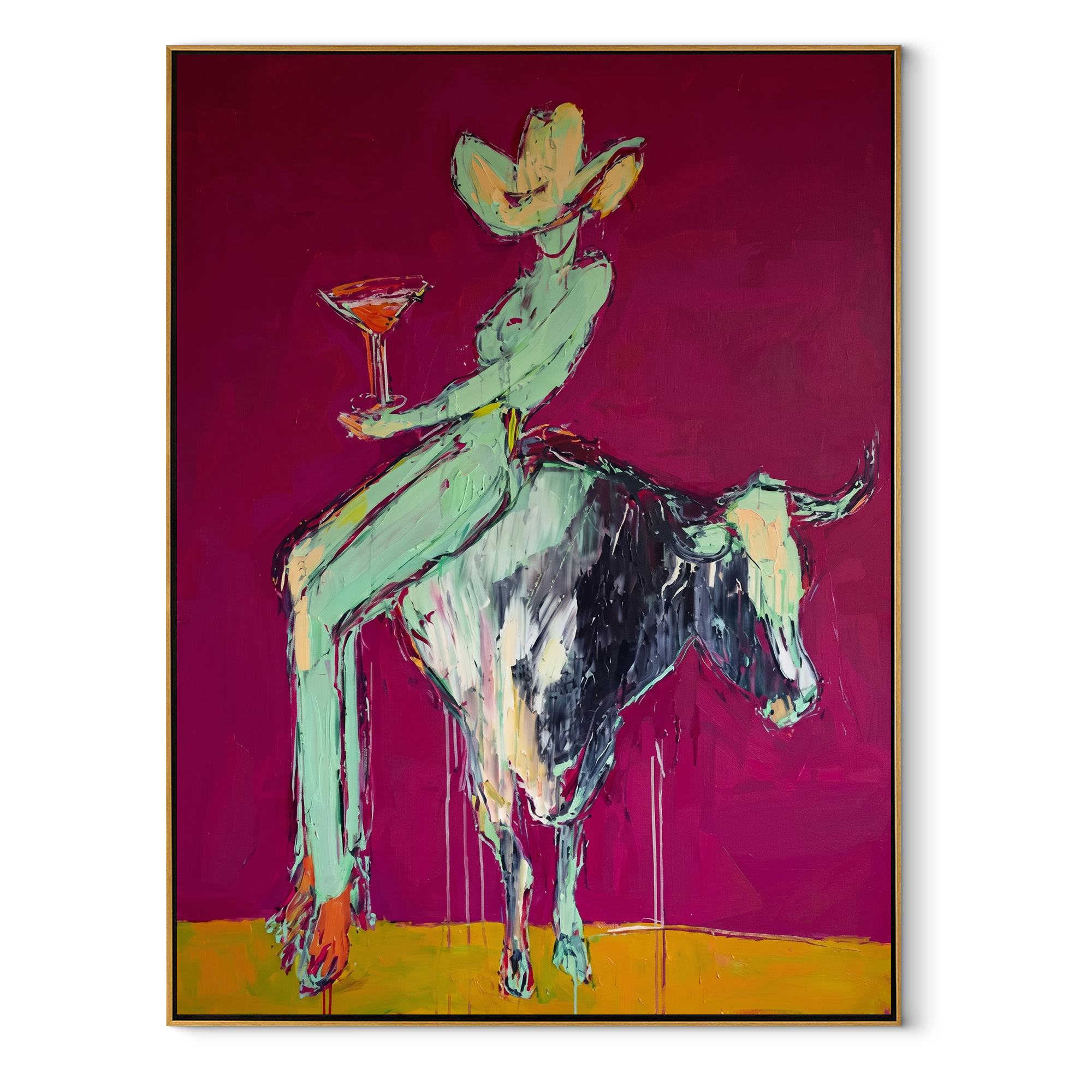Purple Horns Bear Mint Western figurative painting, vertical canvas artwork