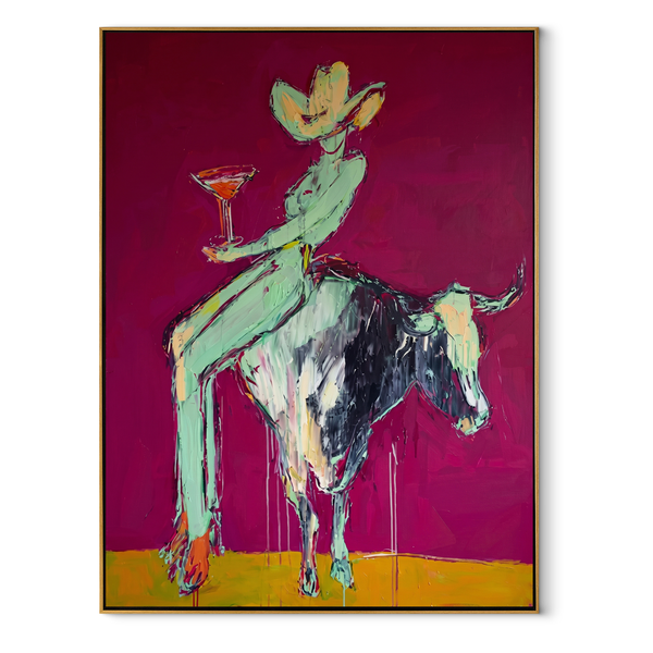 Purple Horns Bear Mint – Cowgirl Purple Bull Painting | Contemporary Western Vertical Wall Art