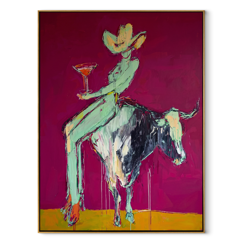 Purple Horns Bear Mint – Cowgirl Purple Bull Painting | Contemporary Western Vertical Wall Art