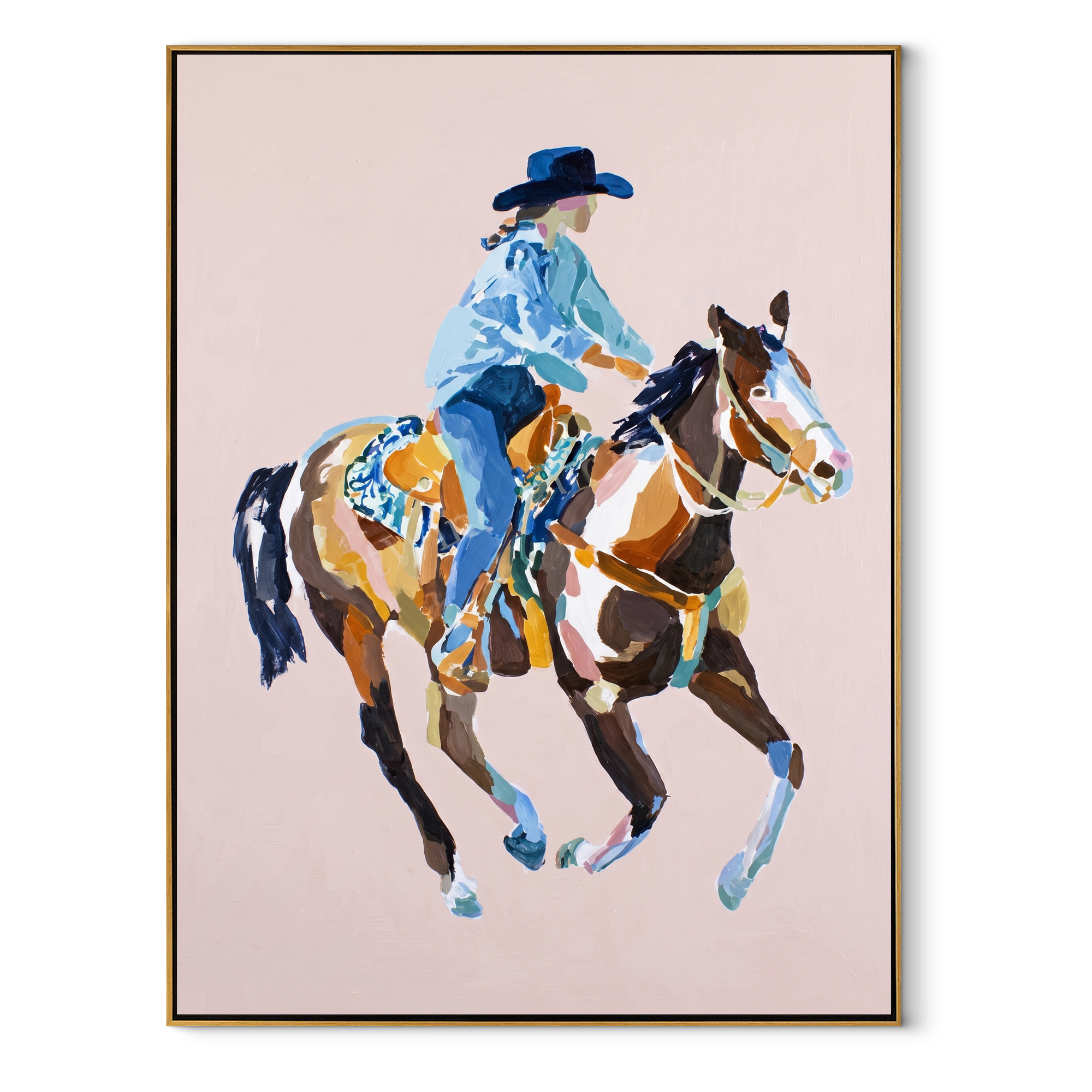 Blue Rider Floats Pale Western figurative painting, vertical canvas artwork