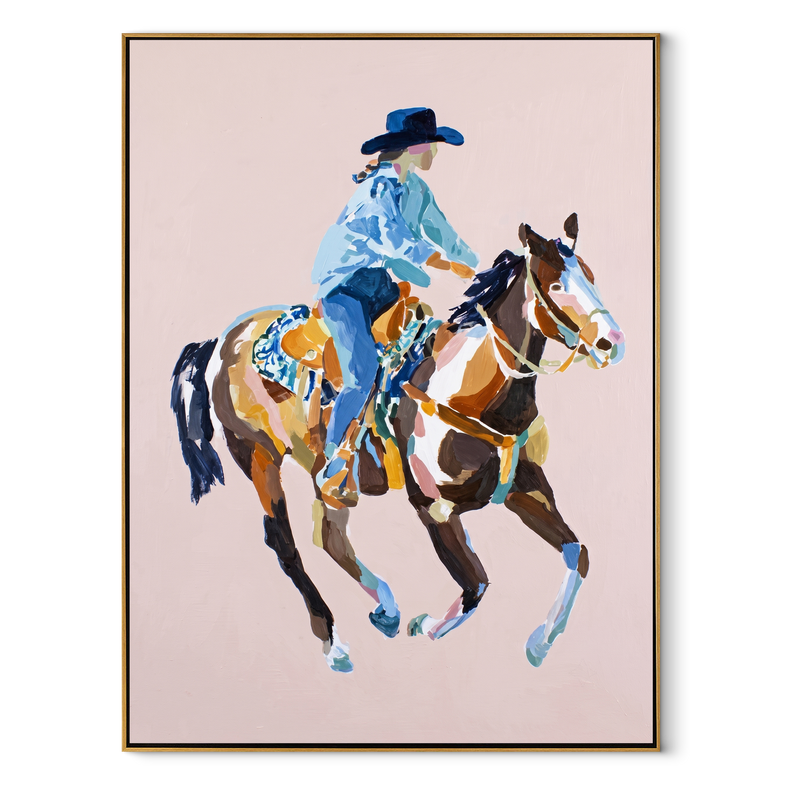 Blue Rider Floats Pale – Cowboy Pink Horse Painting | Contemporary Western Vertical Wall Art