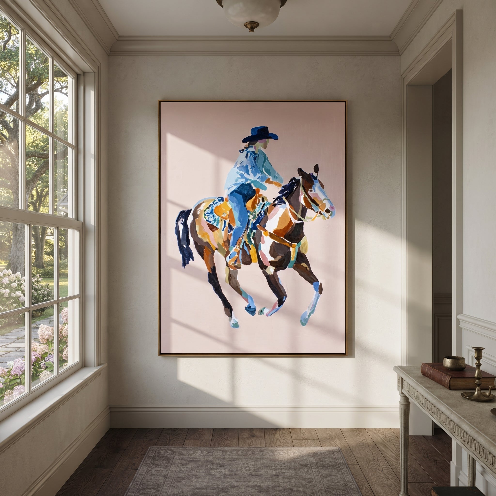 Blue Rider Floats Pale styled with wood, linen, and modern decor