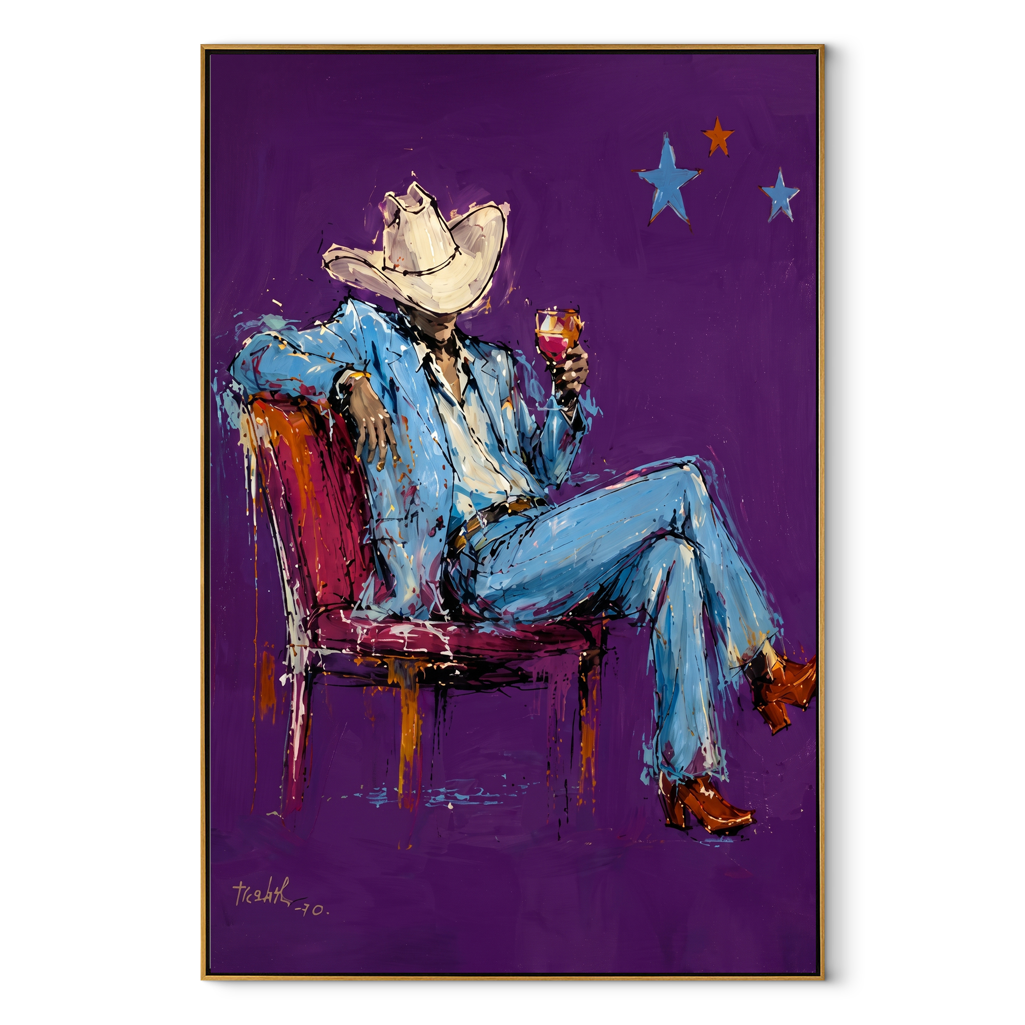 Purple Chair Holds Blue Western figurative painting, vertical canvas artwork