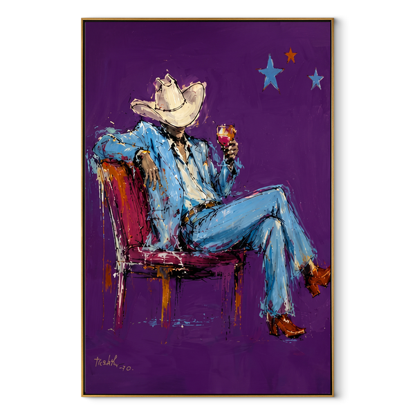 Purple Chair Holds Blue – Seated Blue Cowboy Painting | Contemporary Western Vertical Wall Art