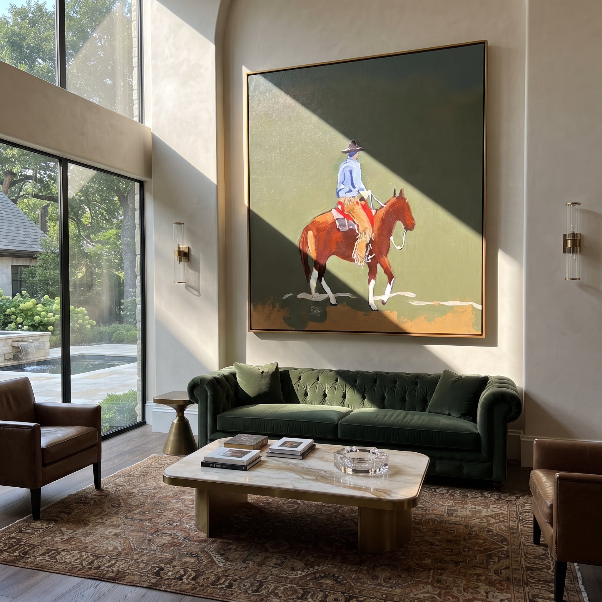 Chestnut Steps Cross Olive displayed in a collected contemporary interior