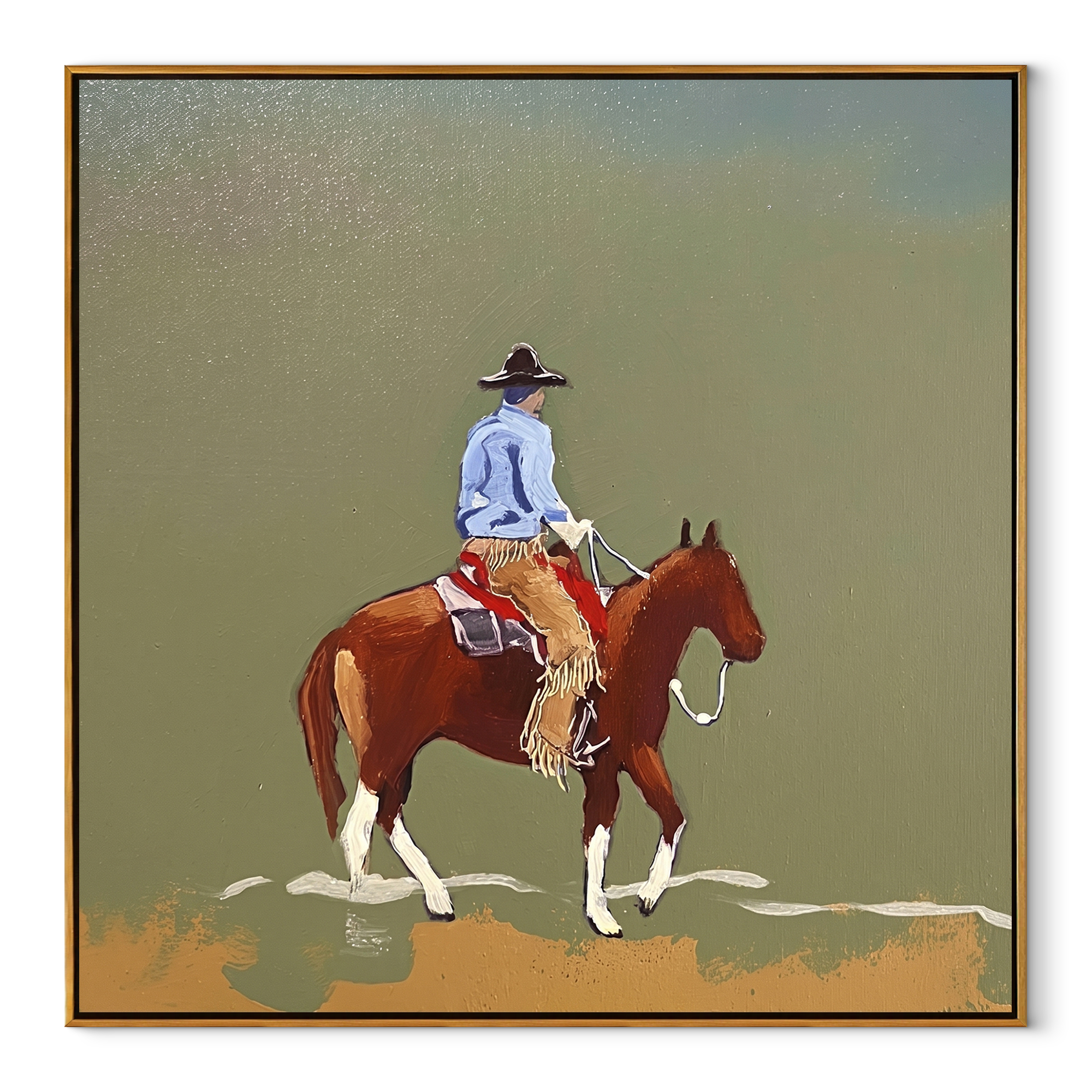 Chestnut Steps Cross Olive Western figurative painting, square canvas artwork