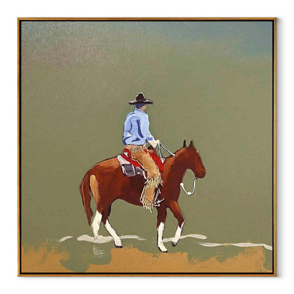 Chestnut Steps Cross Olive – Rider Landscape Horse Painting | Contemporary Western Square Wall Art