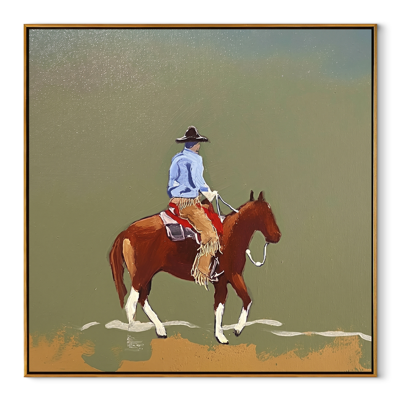 Chestnut Steps Cross Olive – Rider Landscape Horse Painting | Contemporary Western Square Wall Art