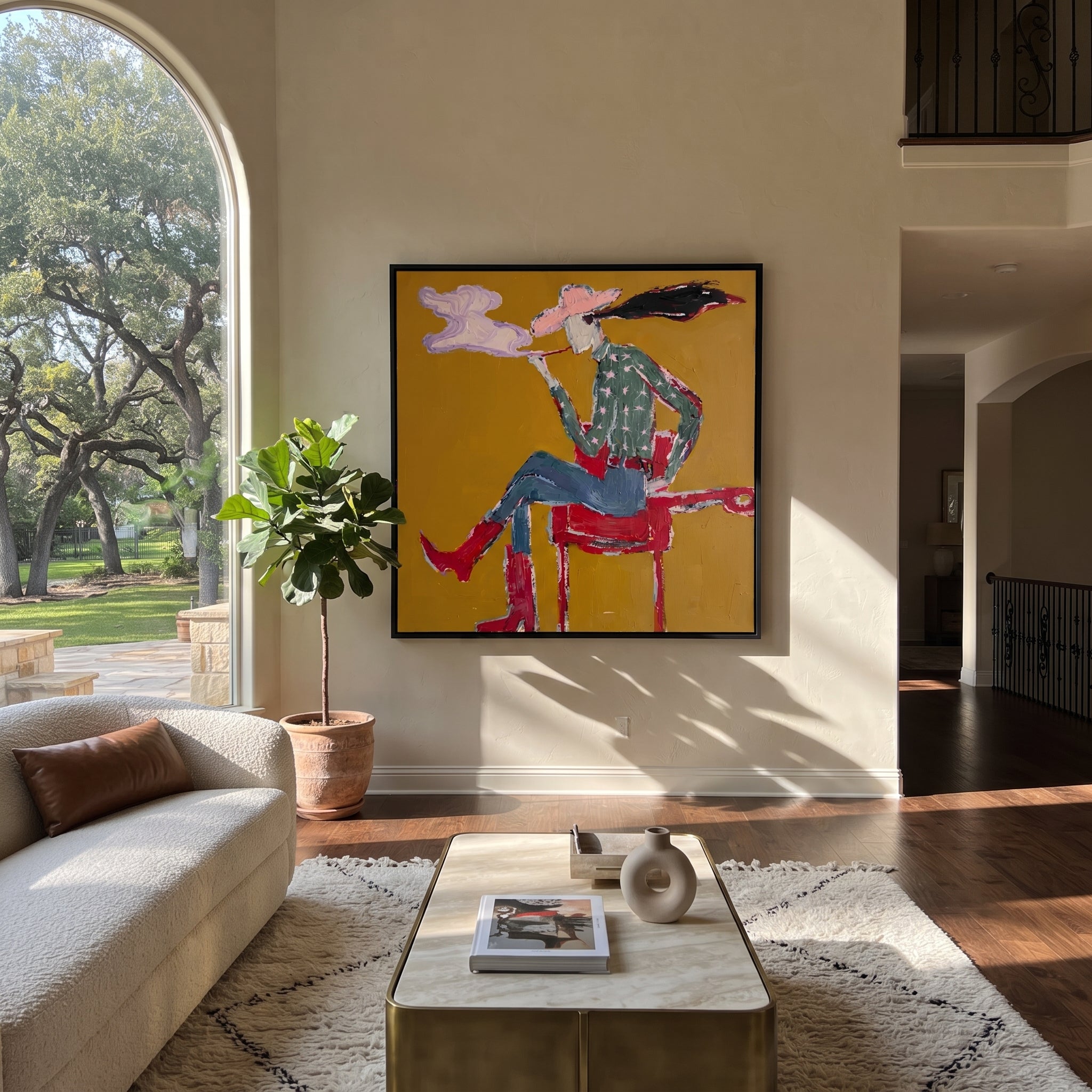 Red Boots Exhale Clouds displayed in a collected contemporary interior