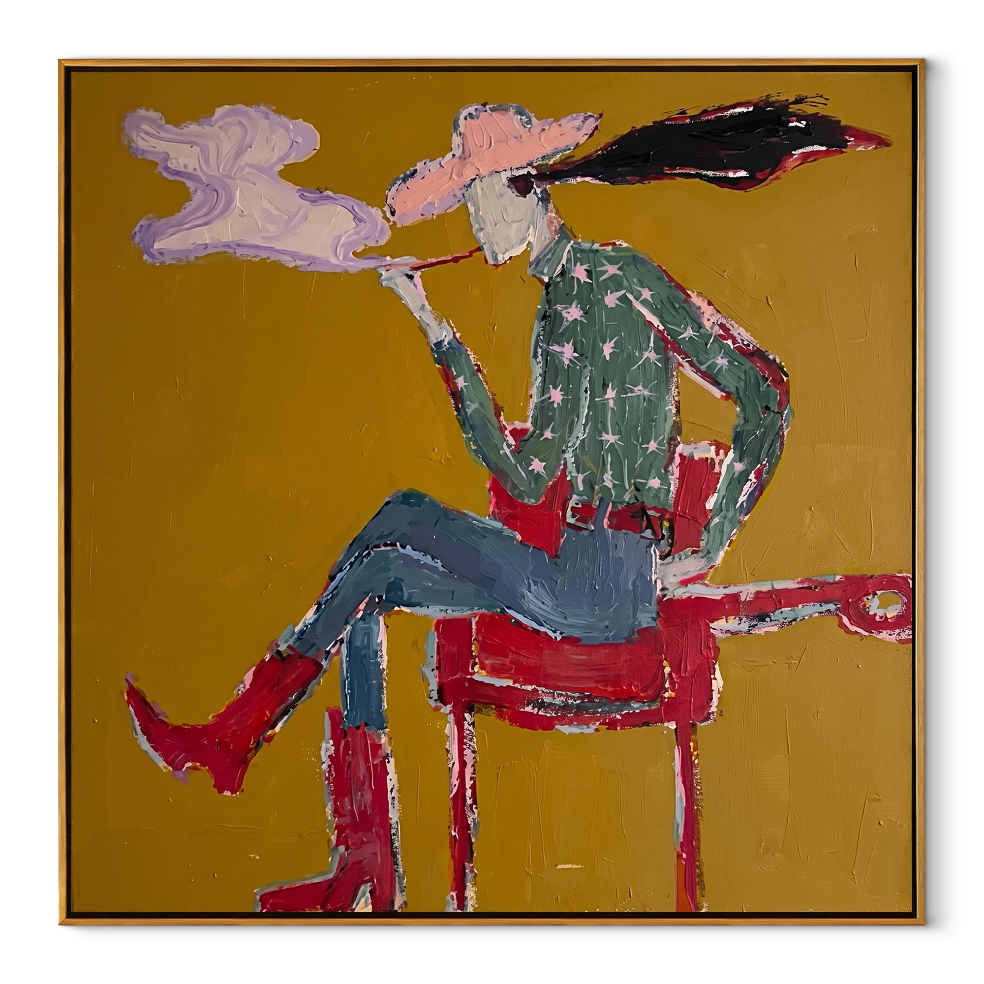 Red Boots Exhale Clouds Western figurative painting, square canvas artwork