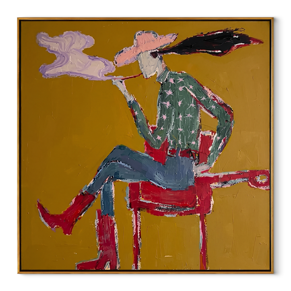 Red Boots Exhale Clouds – Smoking Cowgirl Portrait Painting | Contemporary Western Square Wall Art