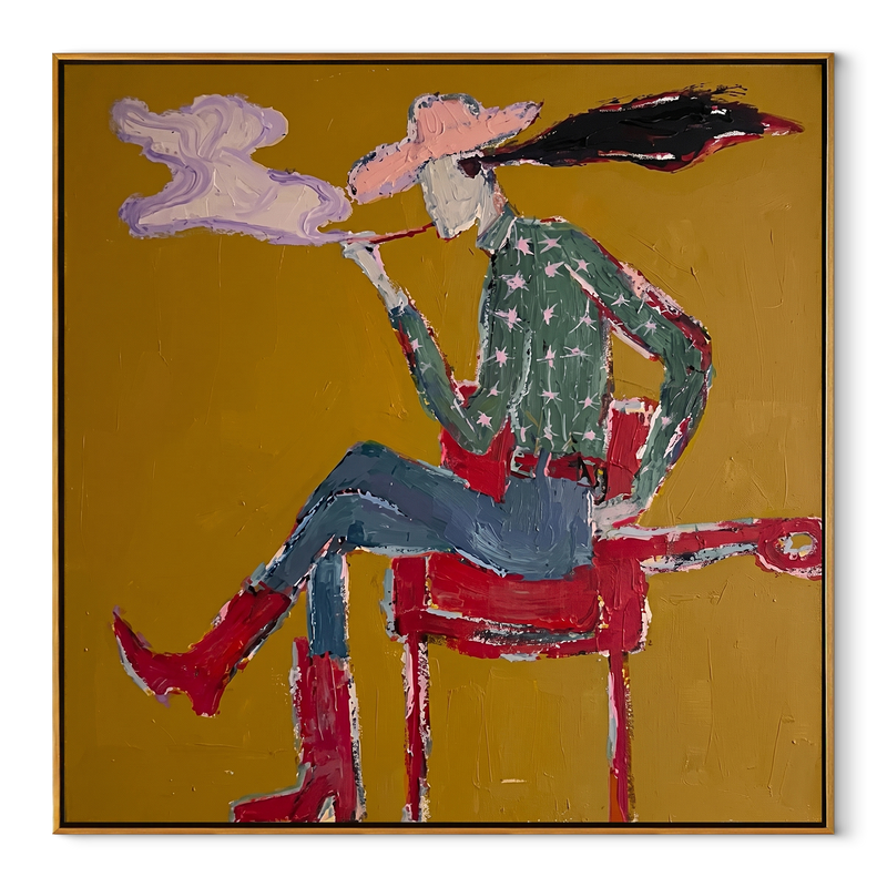 Red Boots Exhale Clouds – Smoking Cowgirl Portrait Painting | Contemporary Western Square Wall Art