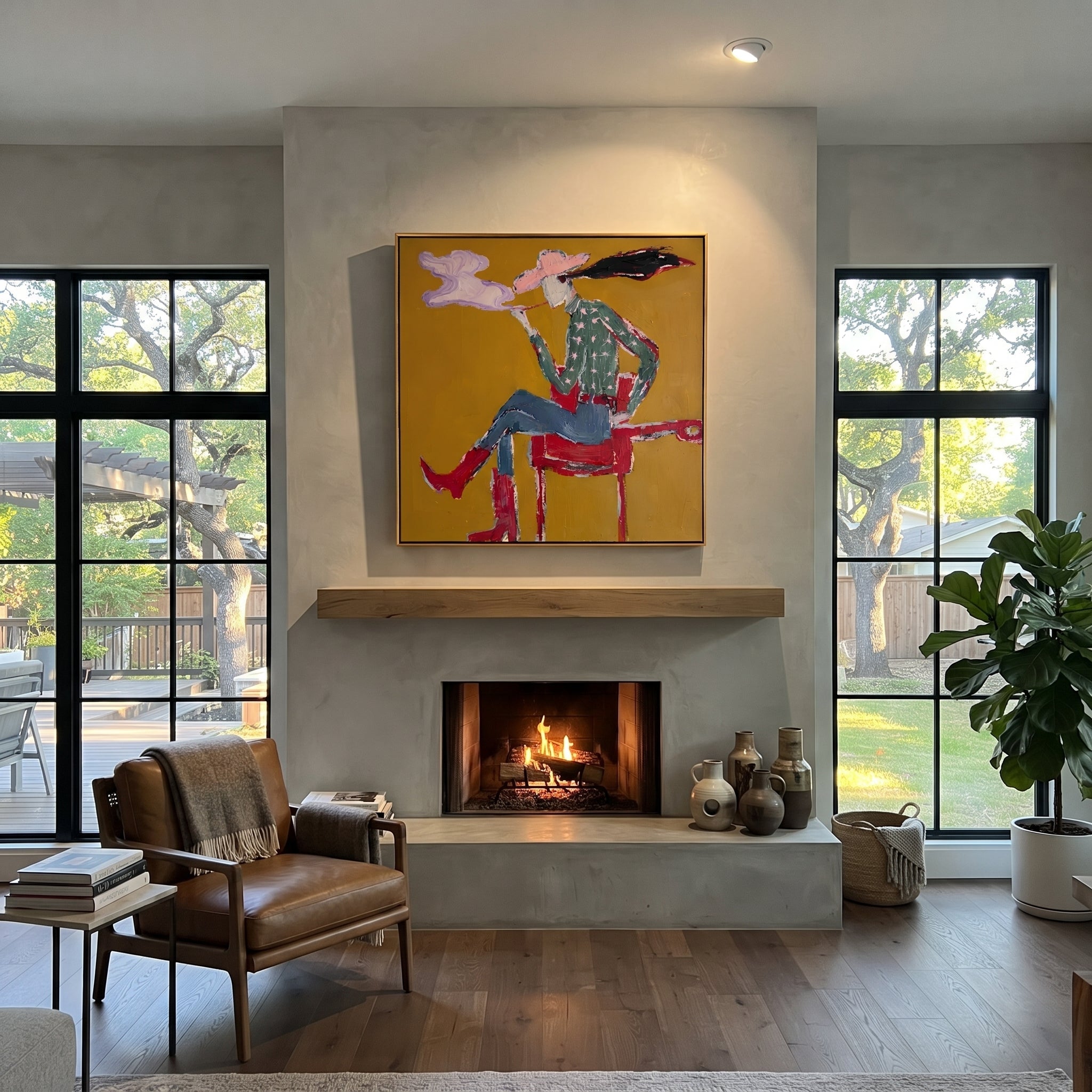 Red Boots Exhale Clouds styled with warm modern furnishings