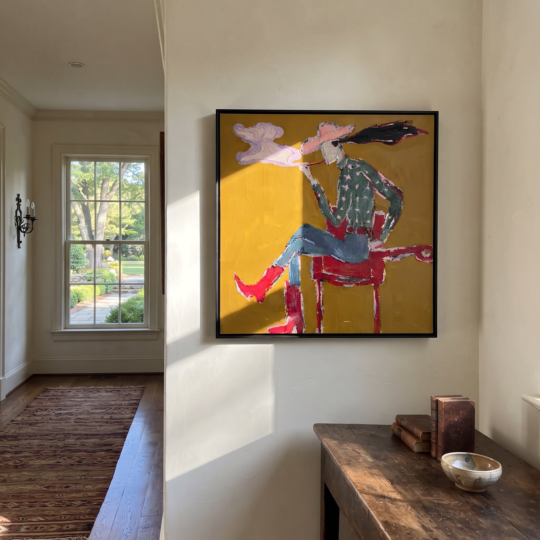 Red Boots Exhale Clouds presented as a colorful interior focal point