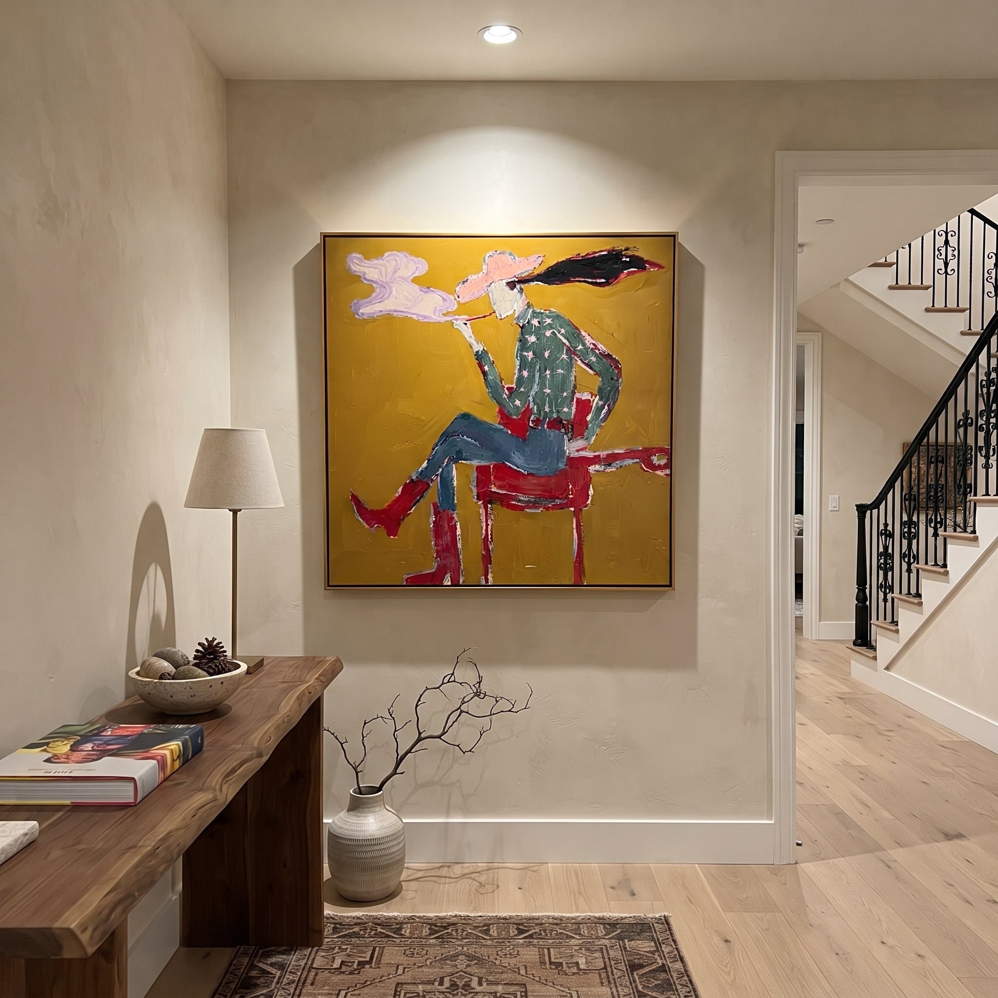 Red Boots Exhale Clouds styled with wood, linen, and modern decor