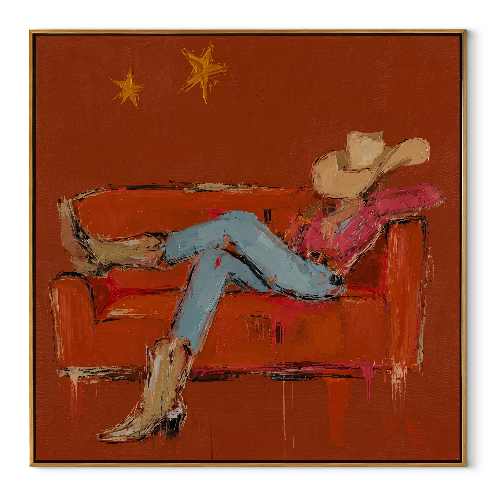 Rust Sofa Holds Distance Western figurative painting, square canvas artwork