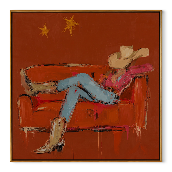 Rust Sofa Holds Distance – Reclining Cowboy Sofa Painting | Contemporary Western Square Wall Art
