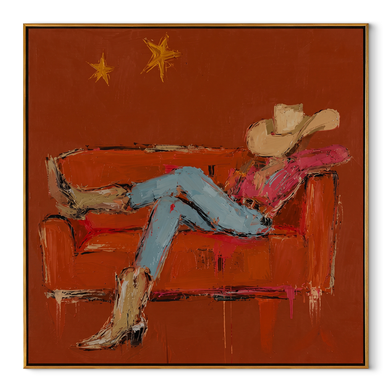 Rust Sofa Holds Distance – Reclining Cowboy Sofa Painting | Contemporary Western Square Wall Art