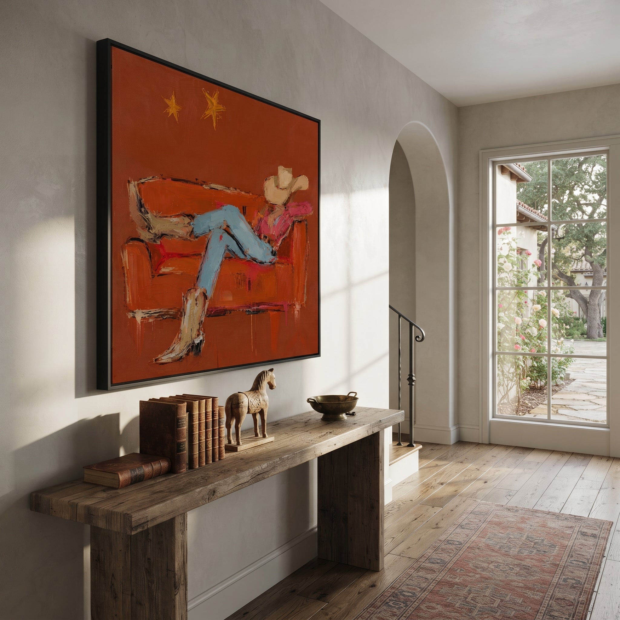 Rust Sofa Holds Distance styled with warm modern furnishings