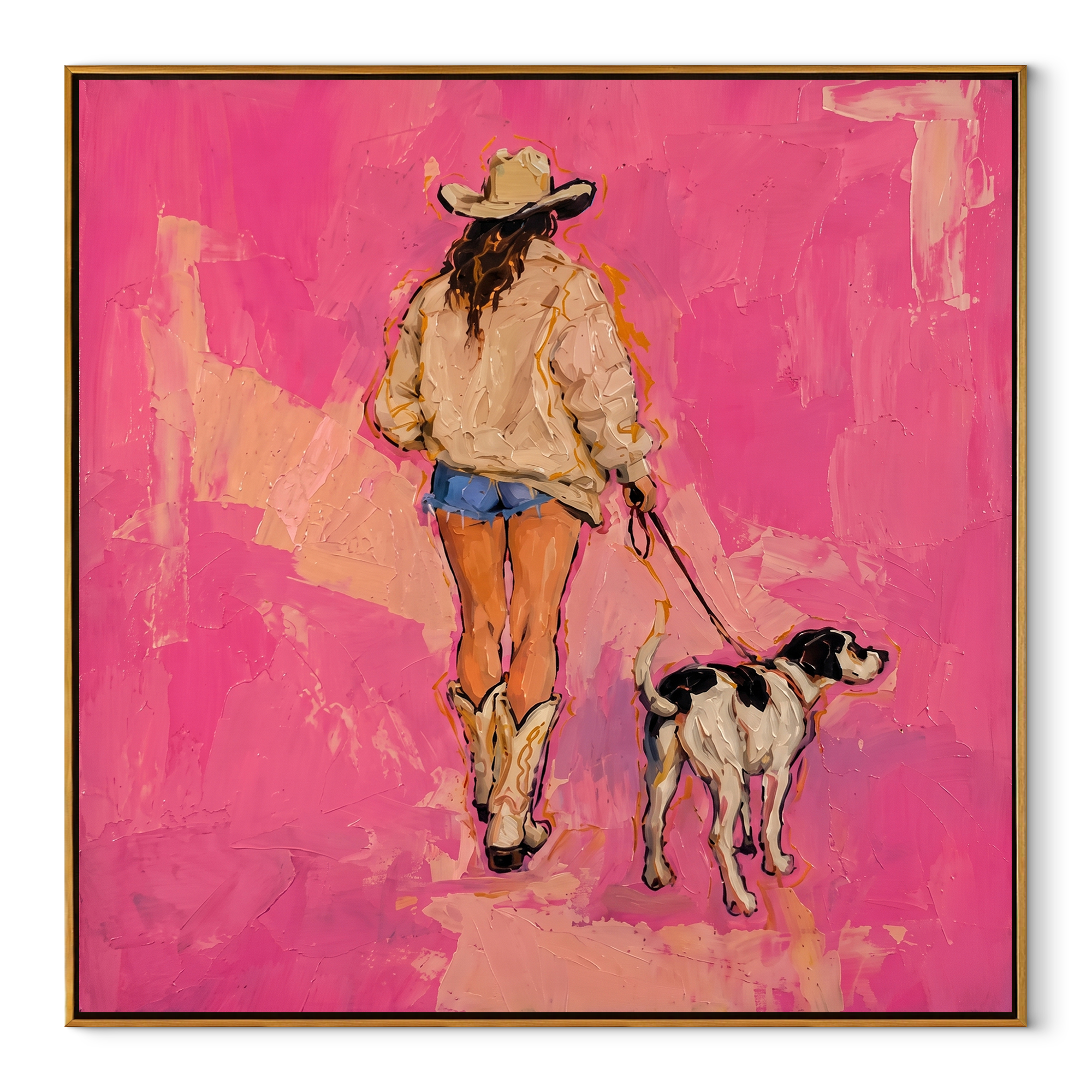 Pink Road Walks Together Western figurative painting, square canvas artwork