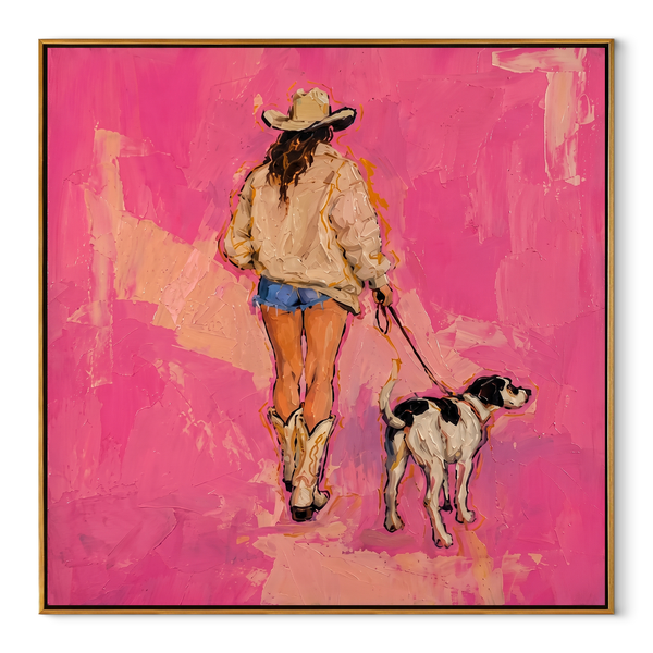 Pink Road Walks Together – Cowgirl Walking Dog Painting | Contemporary Western Square Wall Art