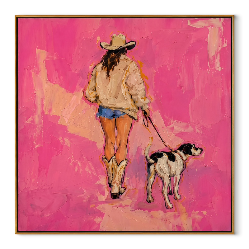 Pink Road Walks Together – Cowgirl Walking Dog Painting | Contemporary Western Square Wall Art