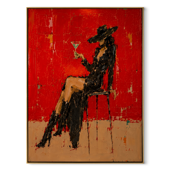 Black Lace Raises Glass – Elegant Cowgirl Martini Painting | Contemporary Western Vertical Wall Art